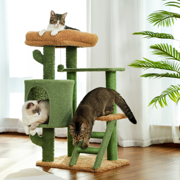 Unique Cactus Cat Tree Cat Tower with Sisal Covered Scratching Post, Cozy Condo, Plush Perches, Hanging Toy and Climbing Ladder