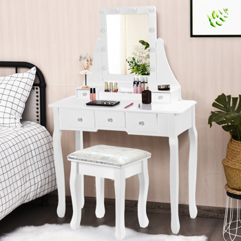 Vanity Makeup Dressing Table with LED Lights Girls Vanity Table Set (Square Mirror + 5 Drawers + Stool) White 
