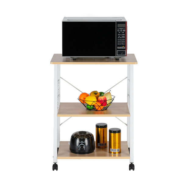 Baker's Rack 3-Tier Kitchen Utility Microwave Oven Stand Storage Cart Workstation Shelf(Light Beige Top White Metal Frame)