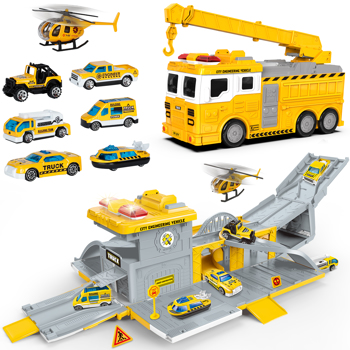 (ABC)(Prohibited Product on Amazon)Large Construction Truck Toys Transform to Parking Lot 2-in-1 for 3 4 5+ Year Old Boys Toddler Kids, Cars Toys with Sound/Light, Vehicles Playset with 6 Push Forward