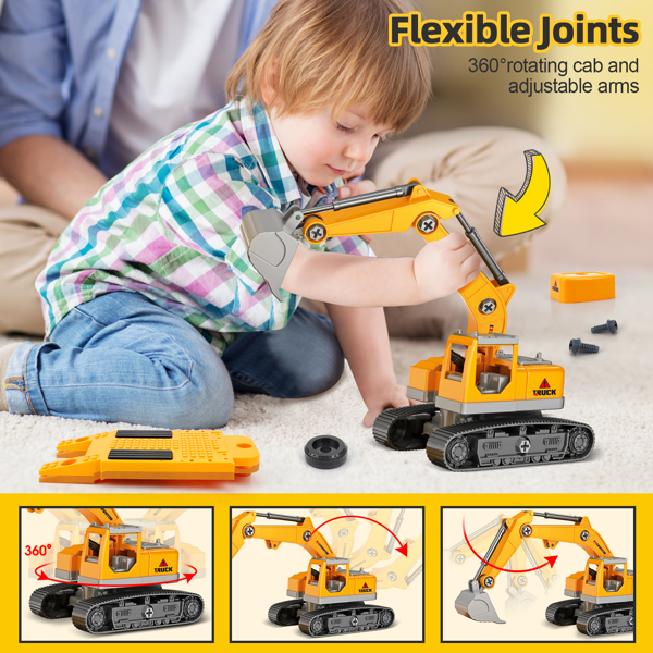 (ABC)Building Construction Trailer Truck & Excavator Toys for 3 4 5 6 Years Old Toddlers Kids Boys Girls, 108PCS Building Block Toy Set with Electric Drill, STEM Take Apart Vehicles Gift with Sound & 