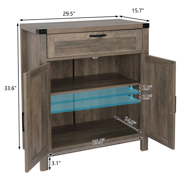 Eight-Character Double Door With One Drawer, Inner Compartment 3 Stops Adjustable, MDF Paste Triamine Sideboard 75*40*85cm Light Gray