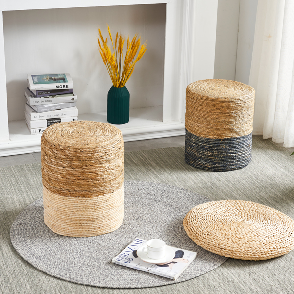 Ottoman Poof, Natural Seagrass Poufs, Hand Weave Round Footstool, Pouffe Accent Chair, Sitting Braided Footrest W/Jute Cover, Home Decorative Seat, Boho Chair for Living Room, Bedroom