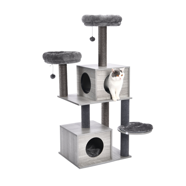 Medium Cat Tree Activity Center With Multi Platforms, Cat Play Tower Wooden Cat Tree With Sisal-covered Cat Scratching Posts Grey