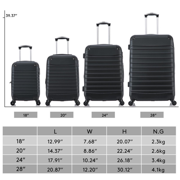 4 Piece Set Luggage Expandable Suitcase Expandable ABS Hardshell Lightweight Spinner Wheels (18/20/24/28 inch), Black