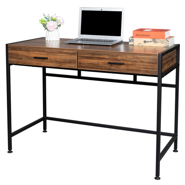 106*50*75cm Retro Wood Table Top Black Steel Frame Particle Board Two Drawers Computer Desk Can Be Used For Study Desk