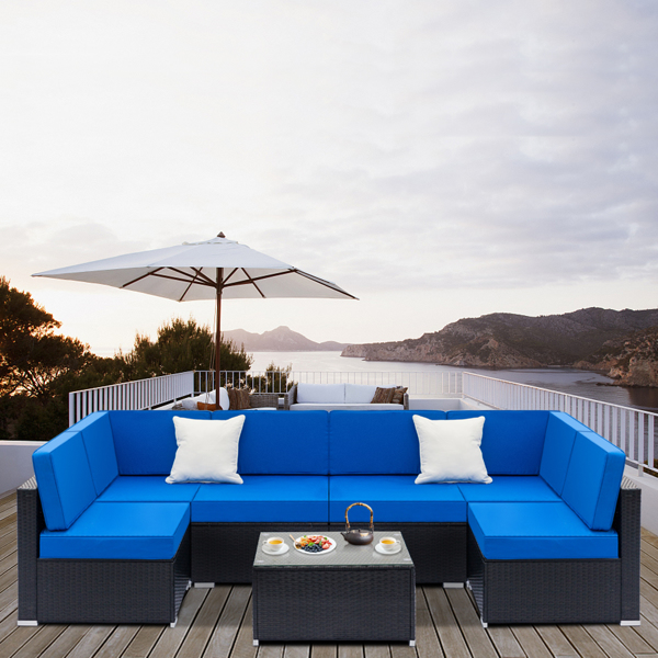 Fully Equipped Weaving Rattan Sofa Set with 2pcs Corner Sofas & 4pcs Middle Sofas & 1 pc Coffee Table Black Embossed - Woven Rattan 