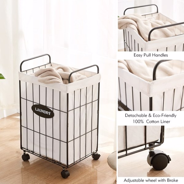 Iron Wire Laundry Hamper With Rolling Lockable Wheels, Folding Laundry Storage Basket with Handles,Liner, Collapsible Dirty Laundry Hamper Cart Sorter Clothes Basket 