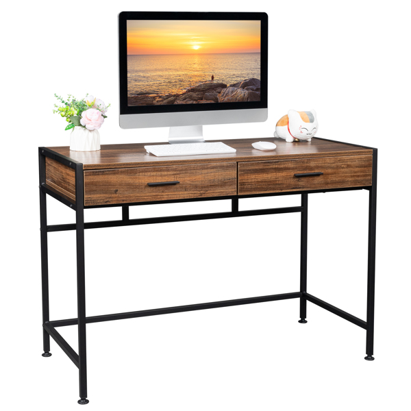 106*50*75cm Retro Wood Table Top Black Steel Frame Particle Board Two Drawers Computer Desk Can Be Used For Study Desk
