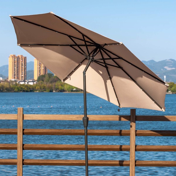 2.7M Garden Parasol with Solar-Powered LED Lights, Patio Umbrella with 8 Sturdy Ribs, Outdoor Sunshade Canopy with Crank and Tilt Mechanism UV Protection for Deck, Patio and Balcony