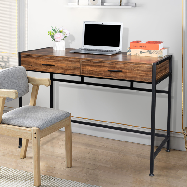 106*50*75cm Retro Wood Table Top Black Steel Frame Particle Board Two Drawers Computer Desk Can Be Used For Study Desk