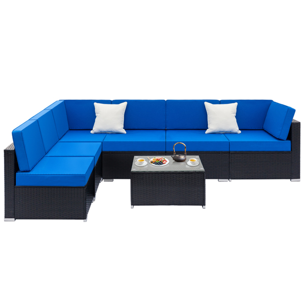Fully Equipped Weaving Rattan Sofa Set with 2pcs Corner Sofas & 4pcs Middle Sofas & 1 pc Coffee Table Black Embossed - Woven Rattan 