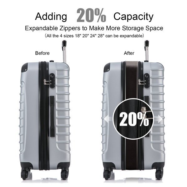 4 Piece Set Luggage Expandable Suitcase Expandable ABS Hardshell Lightweight Spinner Wheels (18/20/24/28 inch), Silver