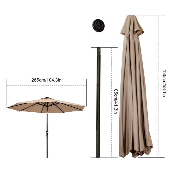 2.7M Garden Parasol with Solar-Powered LED Lights, Patio Umbrella with 8 Sturdy Ribs, Outdoor Sunshade Canopy with Crank and Tilt Mechanism UV Protection for Deck, Patio and Balcony