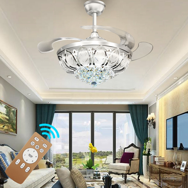 Crystal Ceiling Light Fan Light 3 Light Color Led Fan Chandelier Decorative Pendant Light with Remote Control
