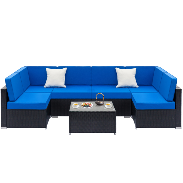Fully Equipped Weaving Rattan Sofa Set with 2pcs Corner Sofas & 4pcs Middle Sofas & 1 pc Coffee Table Black Embossed - Woven Rattan 