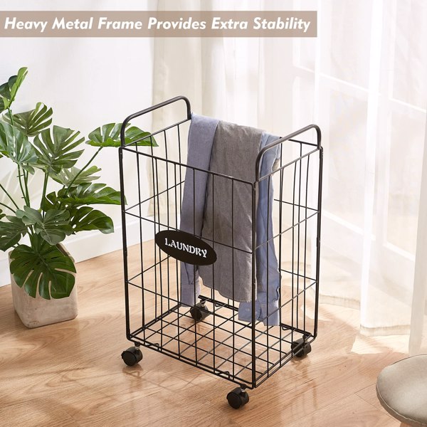 Iron Wire Laundry Hamper With Rolling Lockable Wheels, Folding Laundry Storage Basket with Handles,Liner, Collapsible Dirty Laundry Hamper Cart Sorter Clothes Basket 