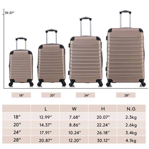 4 Piece Set Luggage Expandable Suitcase Expandable ABS Hardshell Lightweight Spinner Wheels (18/20/24/28 inch), Champagne