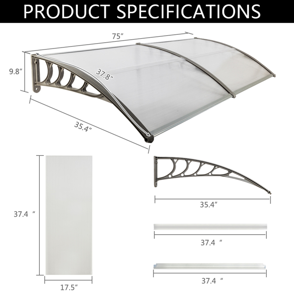 190 x 95 Household Application Door & Window Awnings Canopy Silver & Gray Bracket