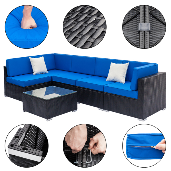 Fully Equipped Weaving Rattan Sofa Set with 2pcs Corner Sofas & 4pcs Middle Sofas & 1 pc Coffee Table Black Embossed - Woven Rattan 