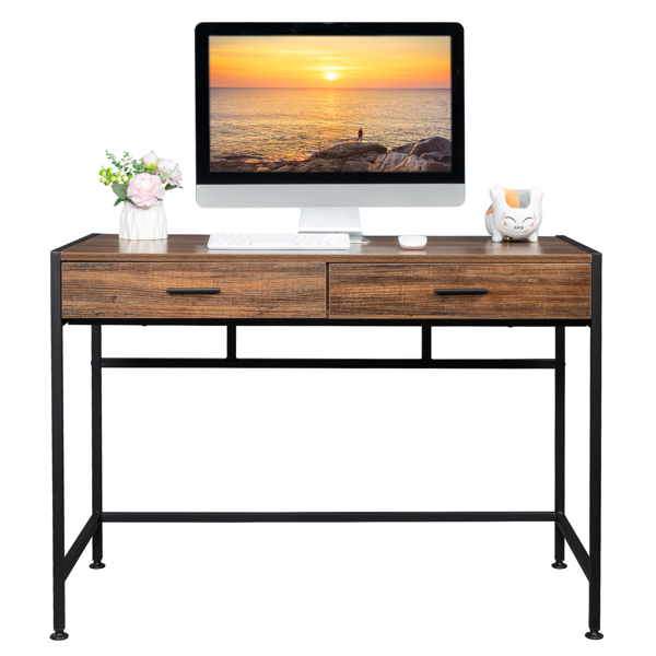 106*50*75cm Retro Wood Table Top Black Steel Frame Particle Board Two Drawers Computer Desk Can Be Used For Study Desk