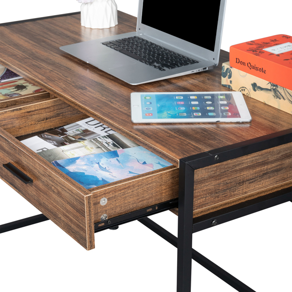 106*50*75cm Retro Wood Table Top Black Steel Frame Particle Board Two Drawers Computer Desk Can Be Used For Study Desk