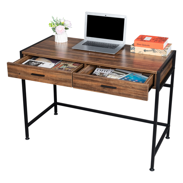 106*50*75cm Retro Wood Table Top Black Steel Frame Particle Board Two Drawers Computer Desk Can Be Used For Study Desk