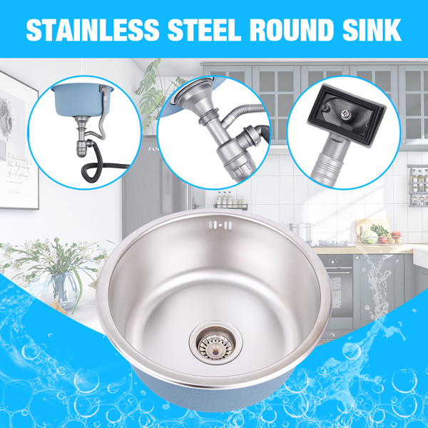 Round Kitchen Sink, Stainless Steel Basin Wash Basin Hand Wash Water Bowl with Drain Pipe for Bathroom Laundry Camper Vans