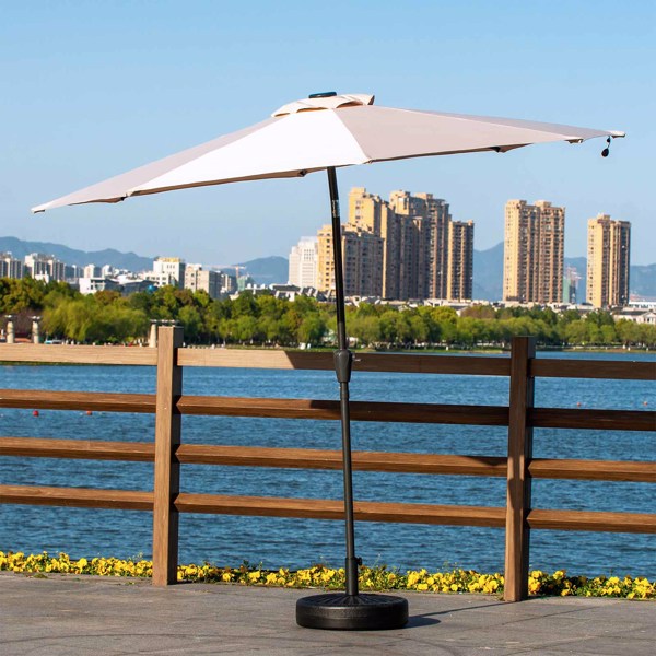 2.7M Garden Parasol with Solar-Powered LED Lights, Patio Umbrella with 8 Sturdy Ribs, Outdoor Sunshade Canopy with Crank and Tilt Mechanism UV Protection for Deck, Patio and Balcony