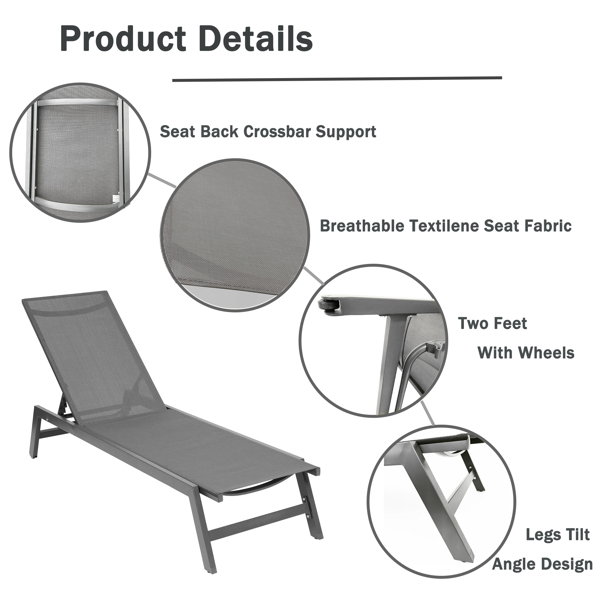 Outdoor Chaise Lounge Chair,Five-Position Adjustable Aluminum Recliner,All Weather For Patio,Beach,Yard, Pool(Grey Frame/Dark Grey Fabric)