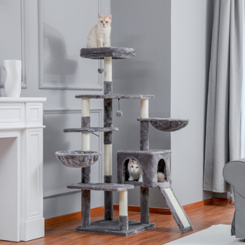 Multi-level Cat Tree Cat Tower with Cozy Condo 2 Hammocks Top Perch Scratching Pad and Dangling Balls