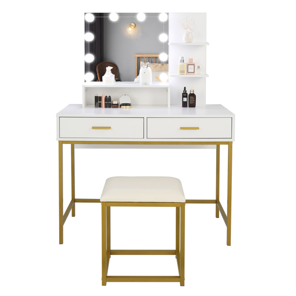 Large Vanity Set with 10 LED Bulbs, Makeup Table with Cushioned Stool, 3 Storage Shelves 2 Drawers, Dressing Table Dresser Desk for Women, Girls, Bedroom, White