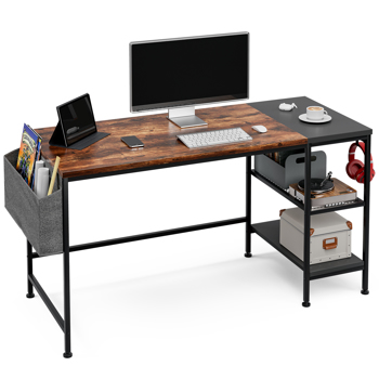 Office Desk, 140cm Computer Desk with Storage Shelves, Laptop Table with Storage Bag and Headphone Hook, Home Workstations Industrial Design for Home Office, Small Places, Bedroom