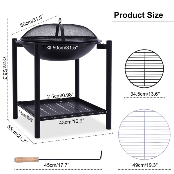 Outdoor Fire Pit, Patio Heater Wood Charcoal Burner Brazier with Grill Rack Poker and Safe Mesh Cover Steel Round Portable Fire Bowl Garden Patio