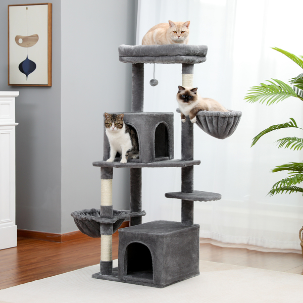 Cat Tree Modern Cat Tower Multilevel Cat Play House with Sisal Scratching Posts, Large Condo, Dual Spacious Hammock, Cozy Top Perch and Dangling Balls Grey (Minimum Retail Price for US: USD 99.99)