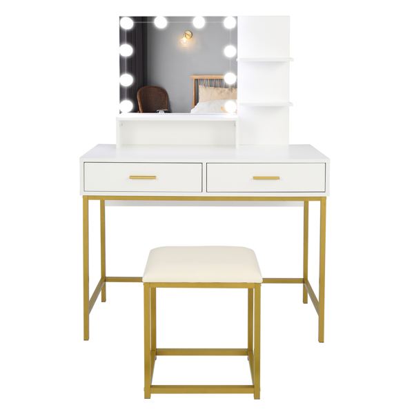 Large Vanity Set with 10 LED Bulbs, Makeup Table with Cushioned Stool, 3 Storage Shelves 2 Drawers, Dressing Table Dresser Desk for Women, Girls, Bedroom, White