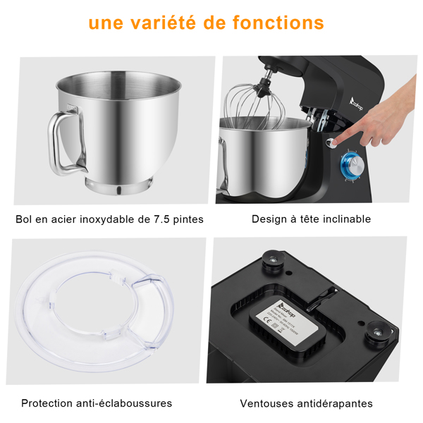 SM-1511X 欧规 7L 厨师机 230.00V 660.00W 搅拌锅不带手柄 不锈钢ABS 黑色注塑 揉面打浆打蛋打奶油-9