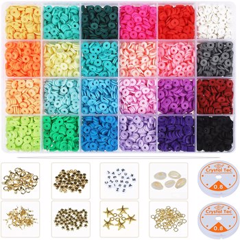 4800Pcs Clay Beads, 24 Colors 6mm Flat Round Beads Polymer Clay Beads Kit with Pendant & Roll Elastic Strings and Letter Beads