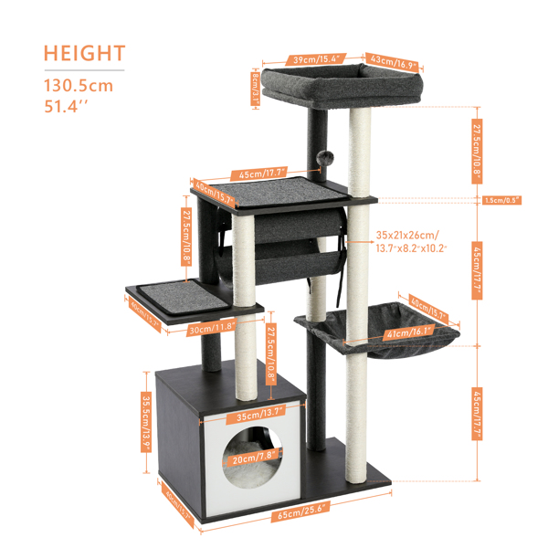 Modern Cat Tree 6 Levels Wooden Cat Tower with Sisal Scratching Posts, Roomy Condo, Spacious Perch, Super Large Hammock and Swing Tunnel for Indoor Cats Grey (Minimum Retail Price for US: USD 149.99)(