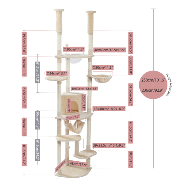 Floor to Ceiling Cat Tree Height Adjustable Cat Tower Tall Kitty Climbing Play House with Scratching Posts, Cozy Condo, Perches and Large Hammock Beige (Minimum Retail Price for US: USD 149.99)