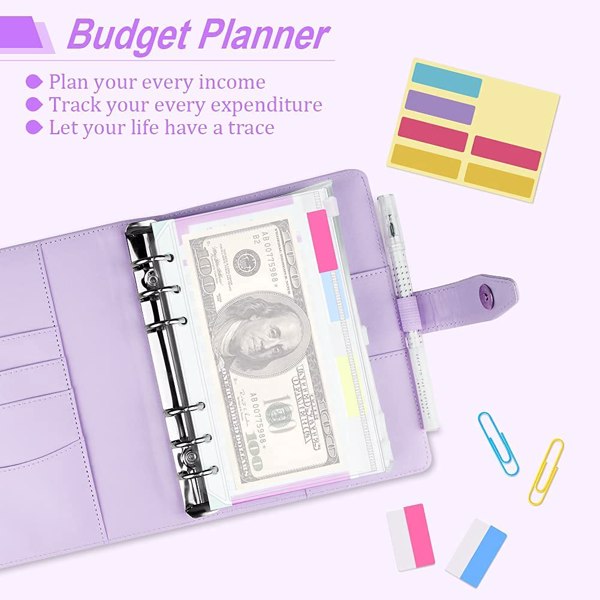（Amazon Banned）Budget Binder, Money Organizer for Cash with 12pcs Clear Pockets & 24pcs Budget Sheets Budget Planner A6 Binder with PU Leather, Cash Envelopes for Budgeting with Label Stickers