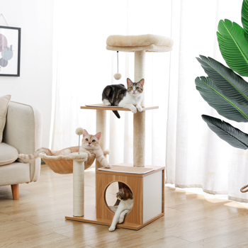 Multilevel Wooden Cat Tree Modern Cat Tower Cat Play House with Large Condo, Spacious Hammock, Cozy Top Perch and Dangling Balls (Minimum Retail Price for US: USD 89.99)