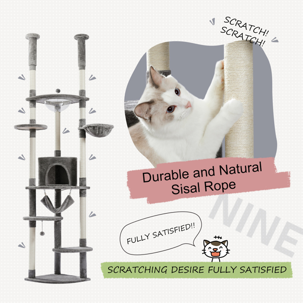 Floor to Ceiling Cat Tree Height Adjustable Cat Tower Tall Kitty Climbing Play House with Scratching Posts, Cozy Condo, Perches and Large Hammock Grey (Minimum Retail Price for US: USD 149.99)