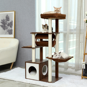 Modern Cat Tree 6 Levels Wooden Cat Tower with Sisal Scratching Posts, Roomy Condo, Spacious Perch, Super Large Hammock and Swing Tunnel for Indoor Cats Brown (Minimum Retail Price for US: USD 142.99)