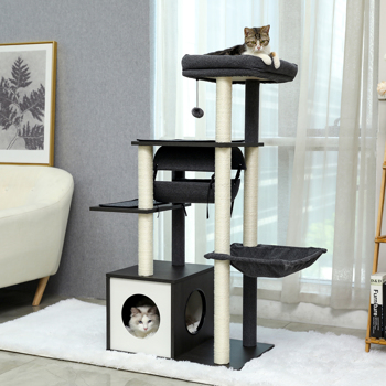 Modern Cat Tree 6 Levels Wooden Cat Tower with Sisal Scratching Posts, Roomy Condo, Spacious Perch, Super Large Hammock and Swing Tunnel for Indoor Cats Grey