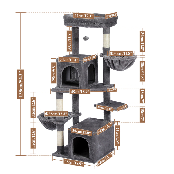 Cat Tree Modern Cat Tower Multilevel Cat Play House with Sisal Scratching Posts, Large Condo, Dual Spacious Hammock, Cozy Top Perch and Dangling Balls Grey (Minimum Retail Price for US: USD 99.99)