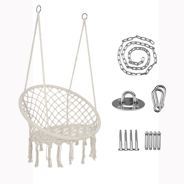 Indoor Outdoor Use Hammock Chair Macrame Hanging Swing Cotton Rope Hammock Swing Chair w/Hardware Kit,Beige [Sale to Temu is Banned.Weekend can not be shipped, order with caution]