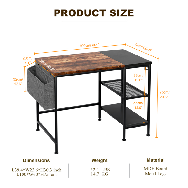 Office Desk, 100cm Computer Desk with Storage Shelves, Laptop Table with Storage Bag and Headphone Hook, Home Workstations Industrial Design for Home Office, Small Places, Bedroom