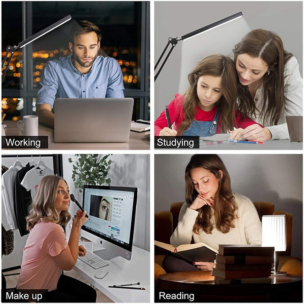 Lightweight Eye Caring Table Lamp With Swing Arm, 360 ° Range Of Motion Desk Light With Adapter, 3 Color Modes,10 Brightness Levels