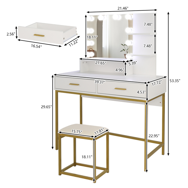 Large Vanity Set with 10 LED Bulbs, Makeup Table with Cushioned Stool, 3 Storage Shelves 2 Drawers, Dressing Table Dresser Desk for Women, Girls, Bedroom, White